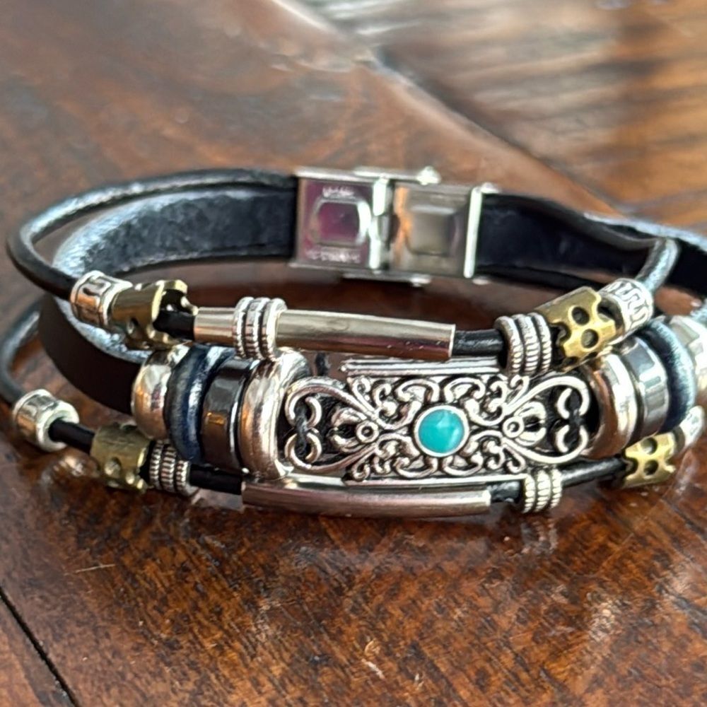 Boho Beach Multi-Strand Black PU Leather Bracelet with Beads & Turquoise Center